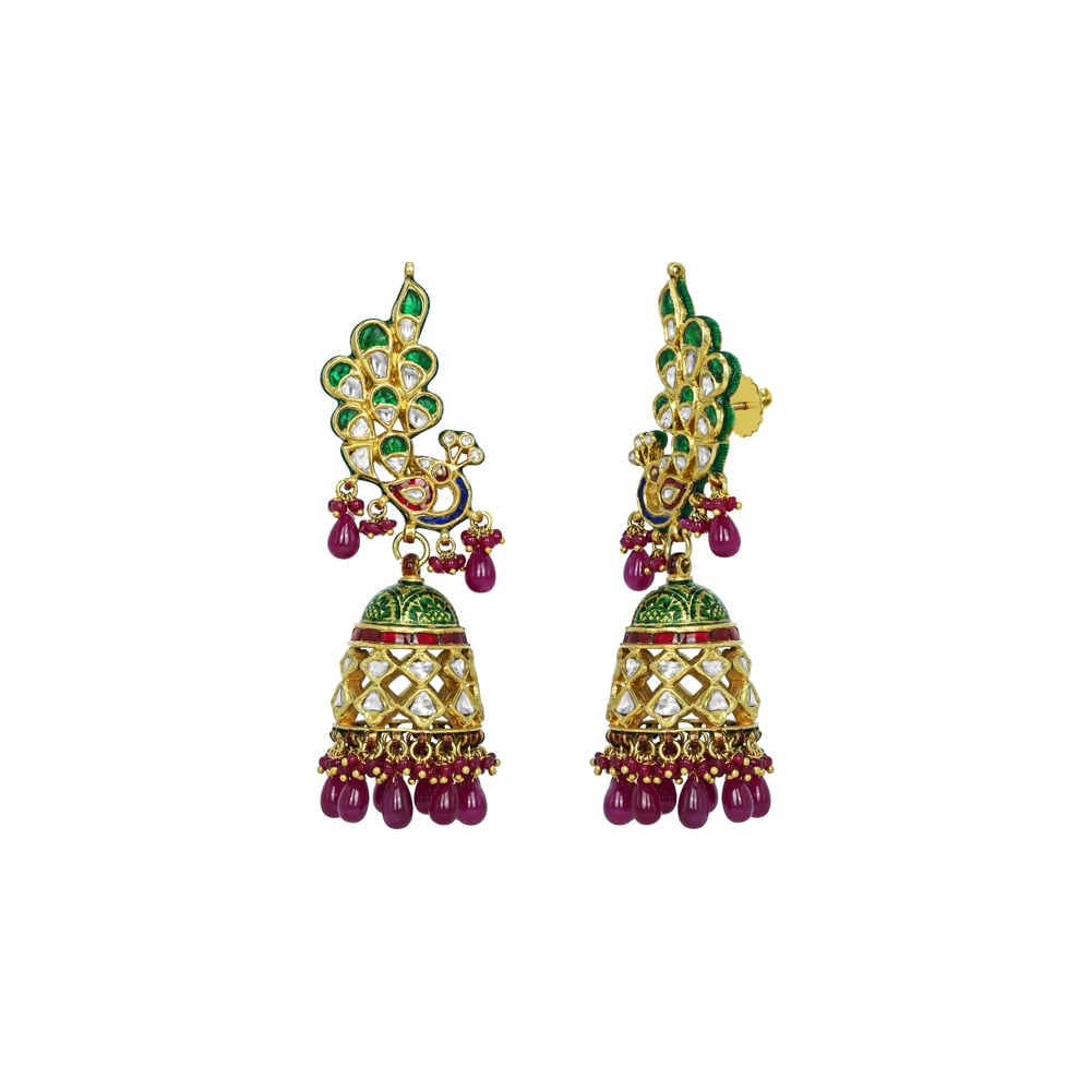 Peacock Motif Jhumkas with Green-Red Enamel and Ruby Drops